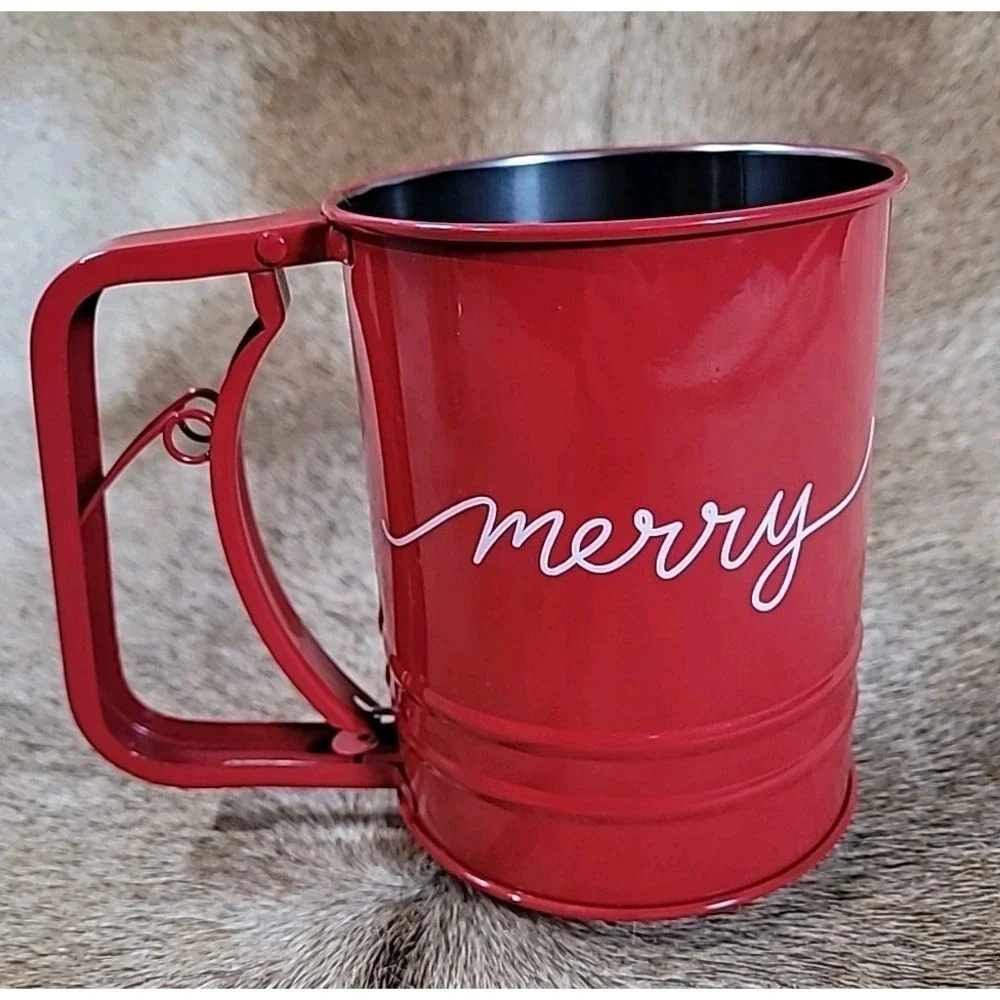 Red Christmas Flour Sifter Squeeze Handle Manual Kitchen Baking Happy Holidays